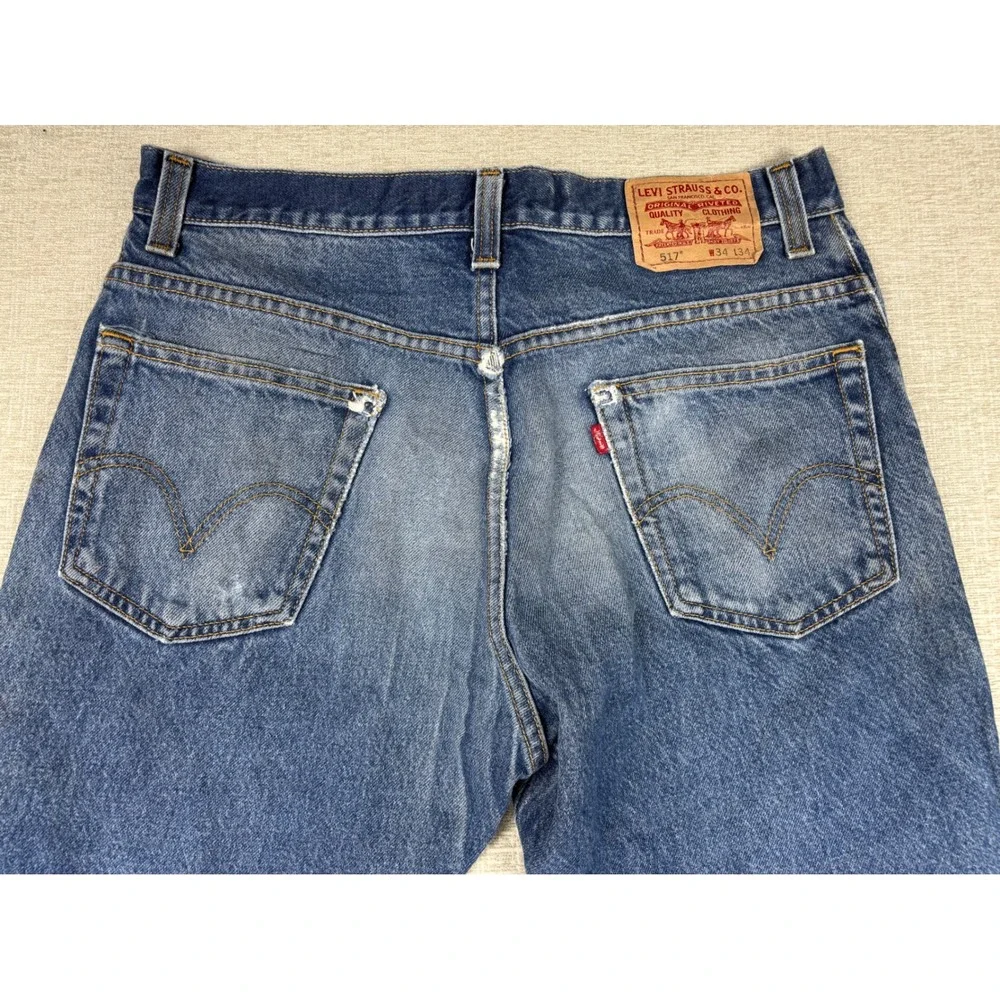 Vintage Levis 517 Bootcut Mens 34x34 Blue Distressed Denim Jeans